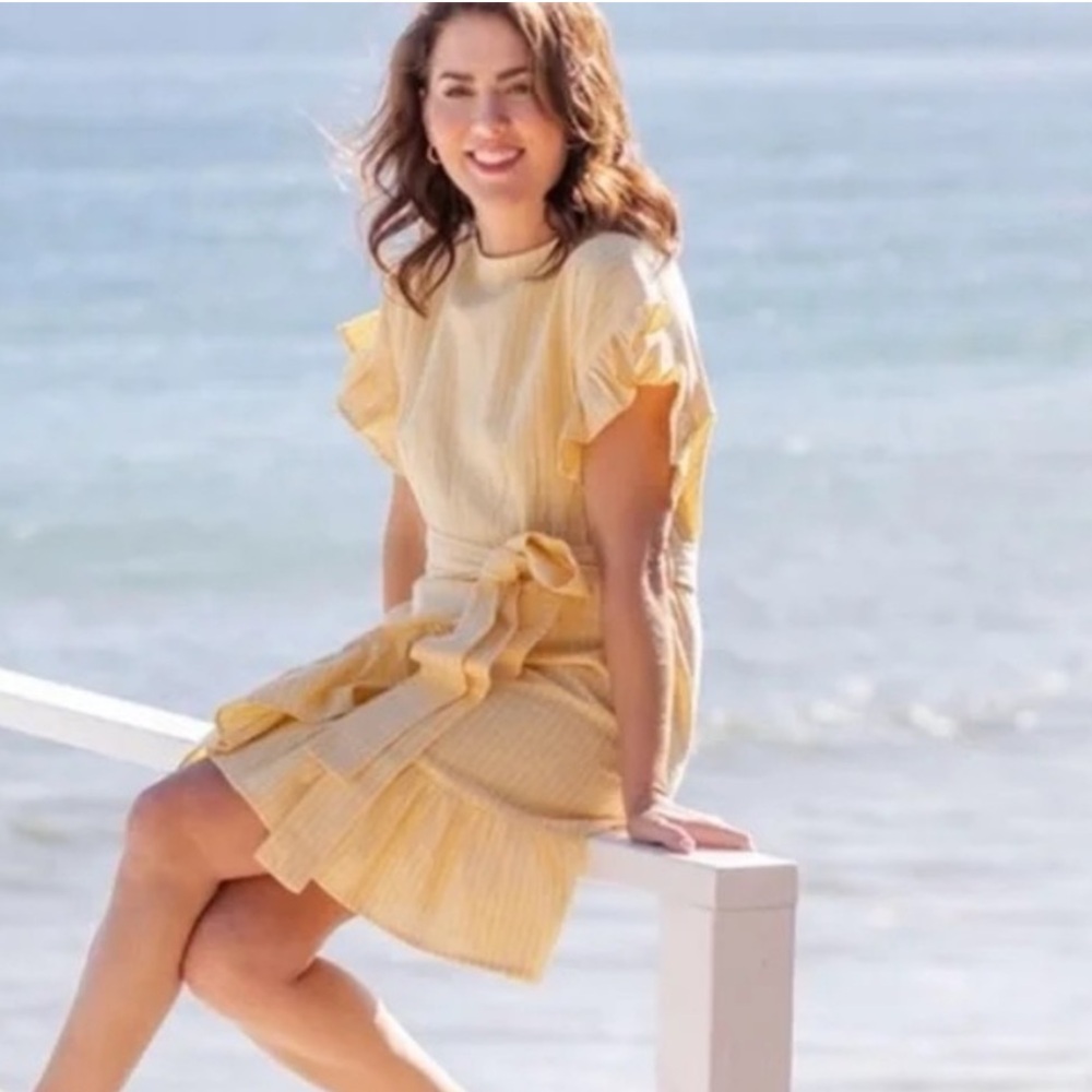 Jillian Harris x Joe Fresh Linen Blend Yellow Striped Ruffle Dress Size Large - Picture 3 of 14